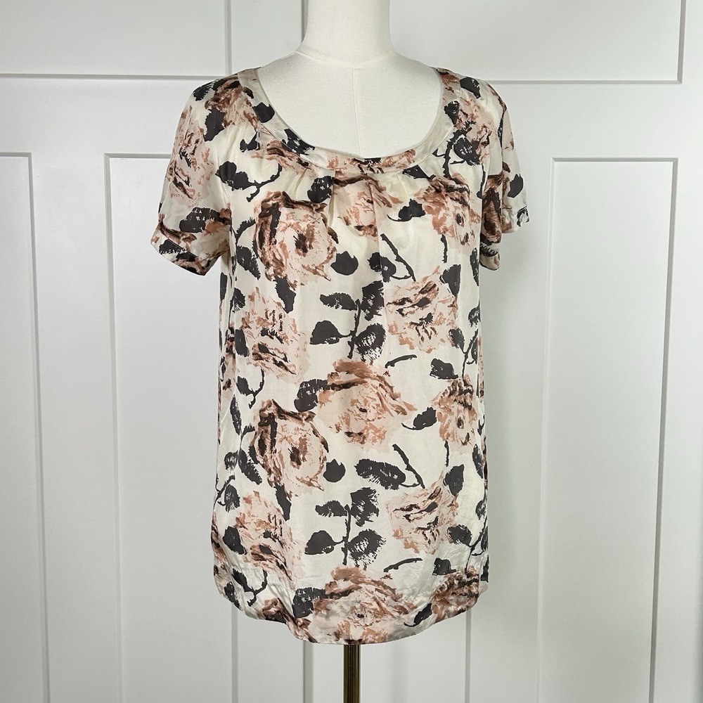CAbi‎ 100% Silk Floral Blouse Top Medium Ivory Pink Brown Scoop Neck Style 547